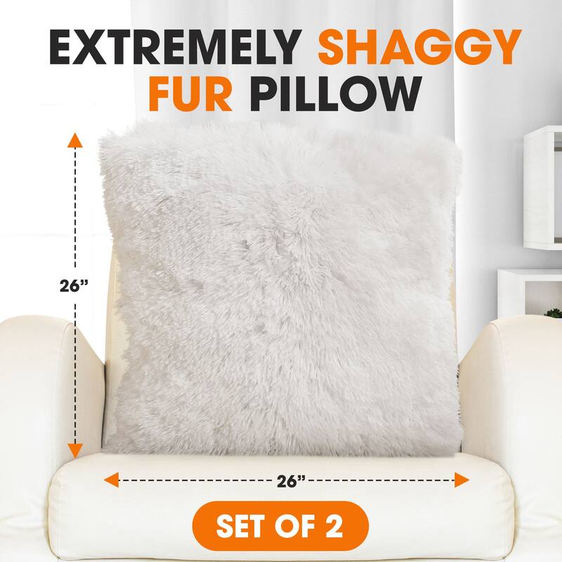 Cheer Collection Super Soft Shaggy Long Hair Throw Pillows Set of 2 Plush Accent Cushions