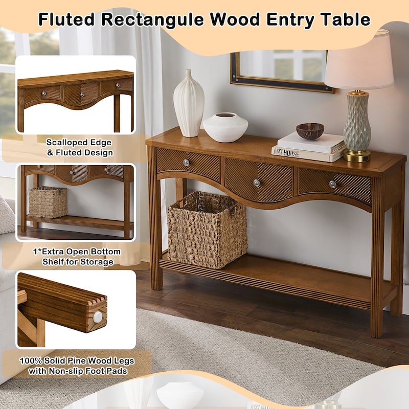 52 Inch Fluted Wood Console Table with 3 Drawers and Solid Wood Legs for Living Room Entryway Decor