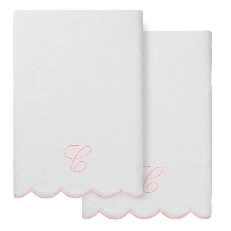 Authentic Hotel and Spa 100% Turkish Cotton Pink ADORNIA Scallop Personalized 2 Piece Bath Towel Set - 2 Bath Towels - C