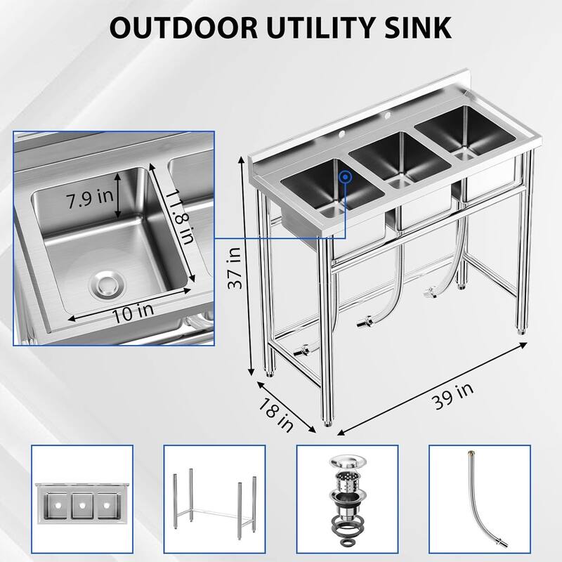 39*18*37inch Free Standing 3-Compartment Kitchen Utility Sink