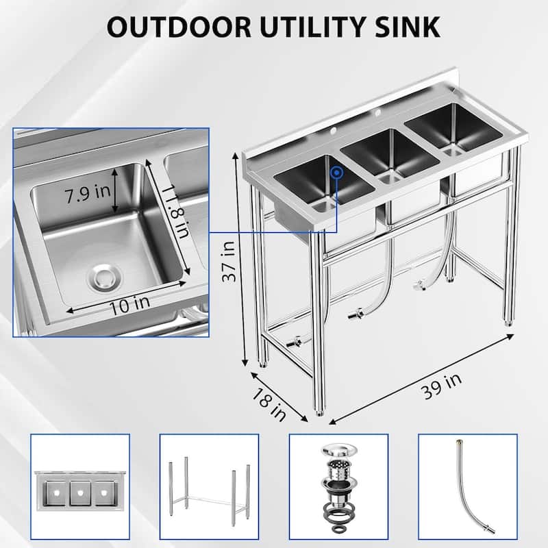 Freestanding Stainless Steel 3 Bowls Sink for Garage, Kitchen - 39 x 18 x 37 Inch