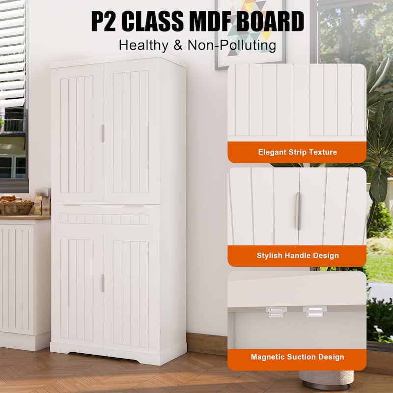 Tall White Kitchen Pantry Cabinet with Drawer, Adjustable Shelves and 6 Door Racks, Farmhouse Storage Organizer