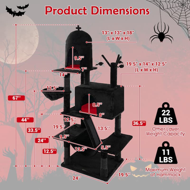Gothic Cat Tree with 2 Cat Condos and Spooky Dangling Ball for Indoor Cats in Black - 24" x 19.5" x 67"