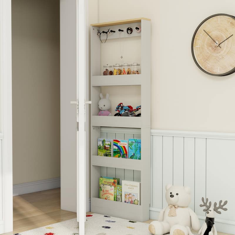 69" Tall Bookcase with 4 Shelves and 5 hooks, Wall Mounted Space-Saving Narrow storage cabinet for Living Room