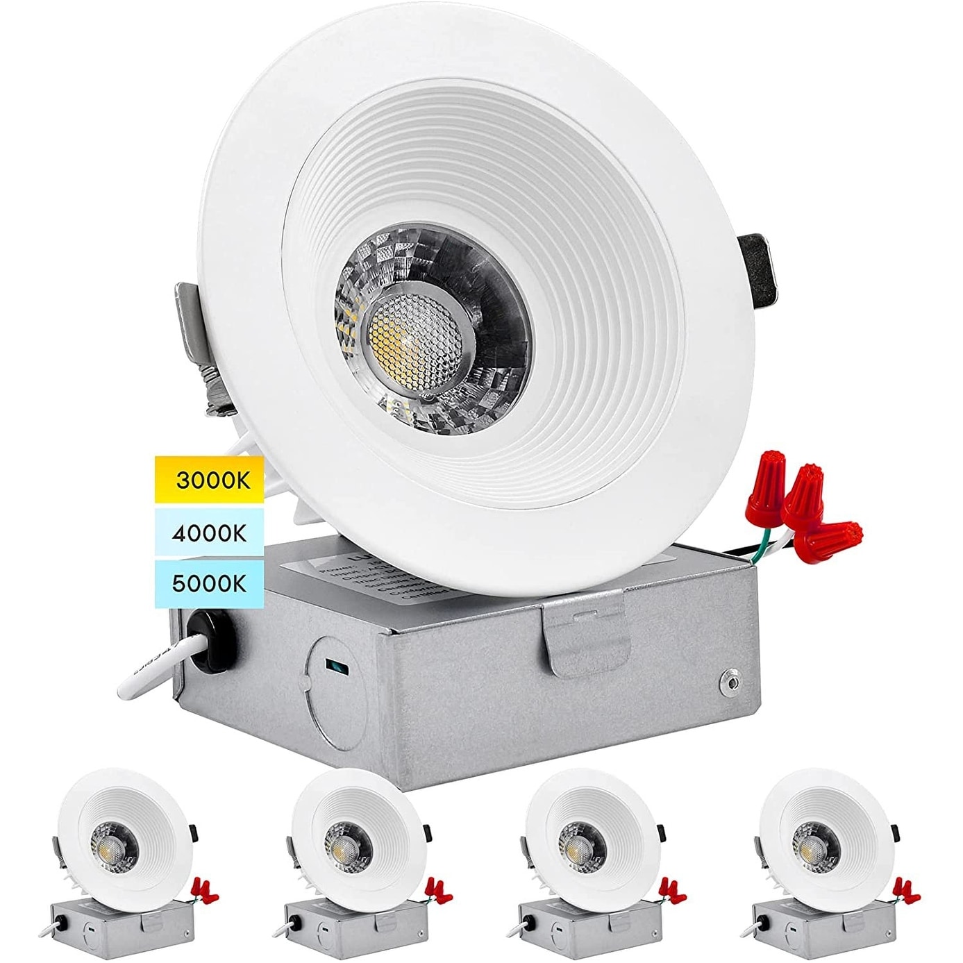 Luxrite 4" LED Recessed Light J-Box 15W 3 Color Options 3000K - 5000K 36° Spotlight Dimmable Damp Rated 4 Pack