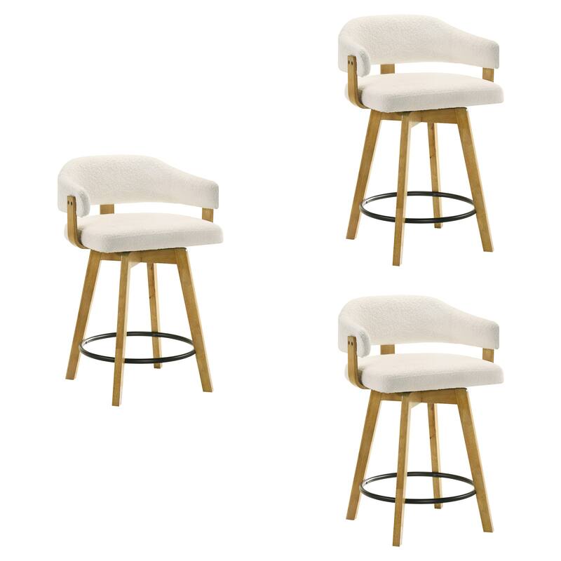 Callah Natural Wood Bar Stool, Counter Height Kitchen Stool in Amber Glow Finish with White Boucle Fabric Upholstered Seat
