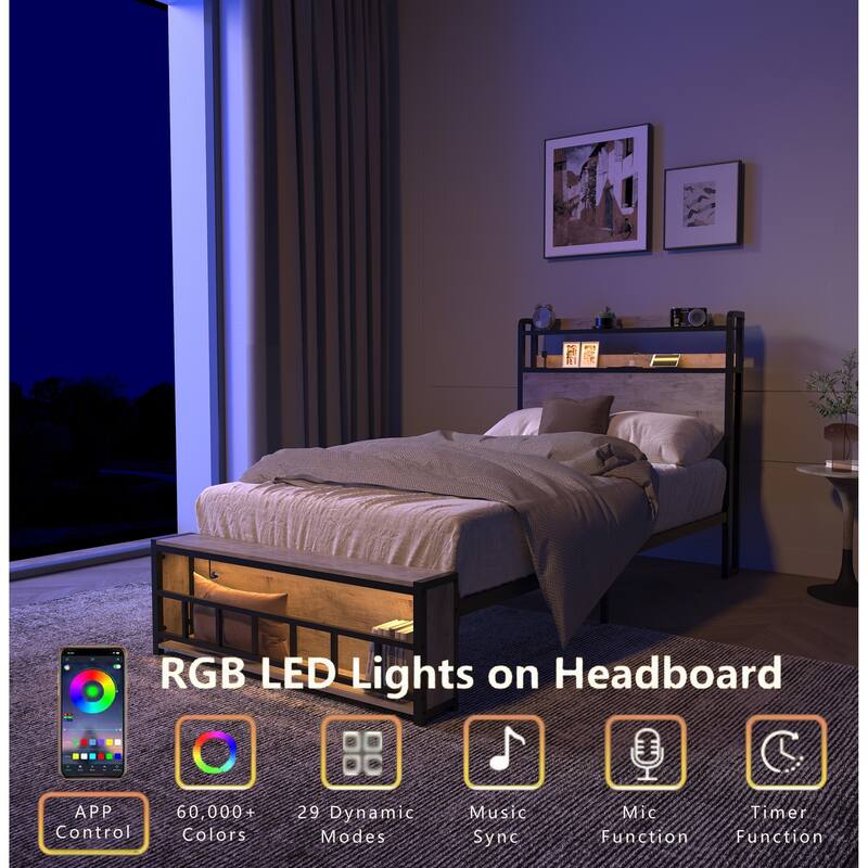 Twin Bed Frames, Headboard and Charging Station & LED Light for Bedroom, Solid and Stable, Noise Free, No Box Spring Needed