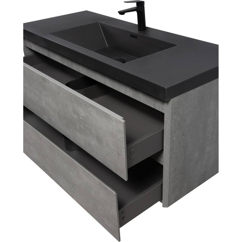 24/30/36/48/60 inch Melamine Floating Bathroom Vanity with Sink and Black Quartz Sand Top Basin and Soft Close Drawers