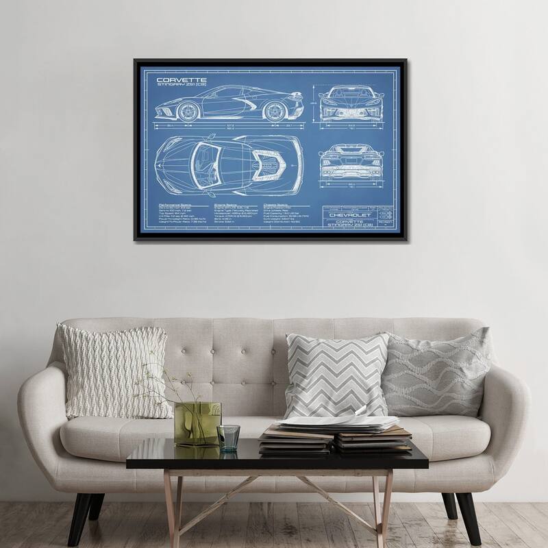 iCanvas "Corvette (C8) Stingray Blueprint" by Action Blueprints Framed Canvas Print