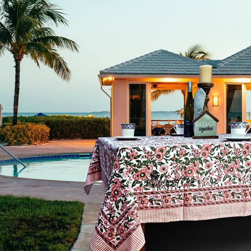 Cotton Floral Block Print Tablecloth Collection - 60 x 60 inches - Rose Pink