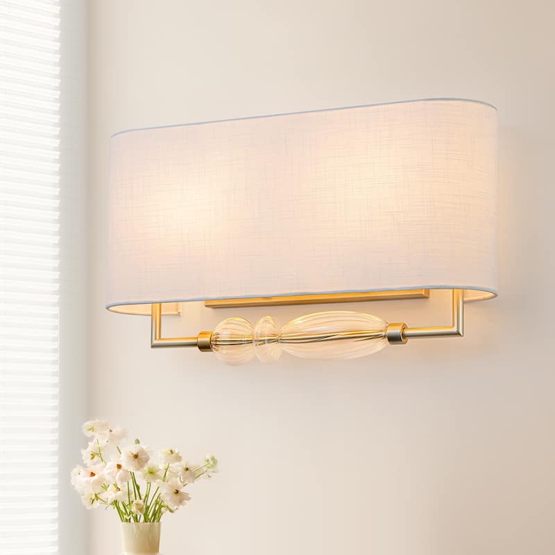 2-Light Wall Sconce Half-Open Linen Shade Striped Glass Globe Accent
