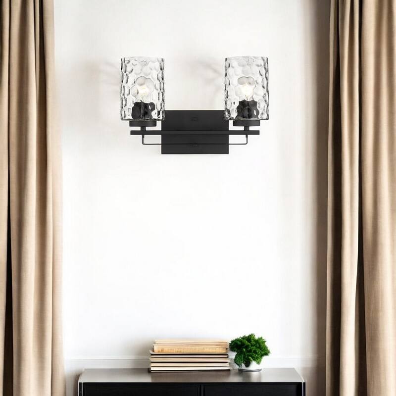 Hardwired Double Light Wall Sconce with Dimmable Steel Fixture and Clear Glass for Bathroom or Hallway - 10" H x 15" W x 6" D