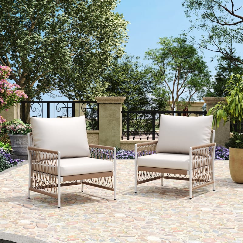 [Set of 2] Bohemian Outdoor Lounge Chair with Handwoven Rope & Powder-Coated Steel Frame, Waterproof Cushions - Beige+Natural