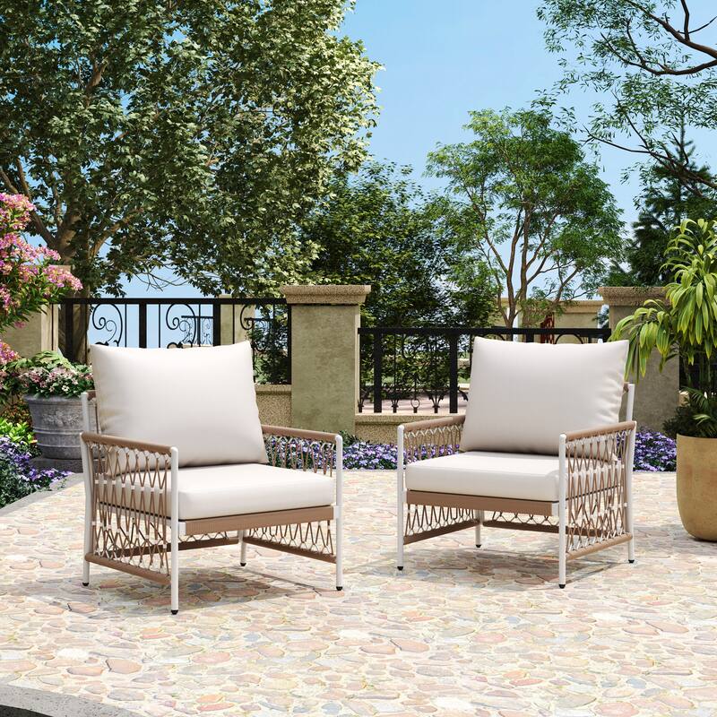 Set of 2 Bohemian Outdoor Lounge Chairs with Waterproof Cushions Handwoven Accent Armchair with Steel Frame for Patio, Poolside - Beige+Natural