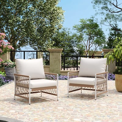 Set of 2 Bohemian Outdoor Lounge Chairs with Waterproof Cushions Handwoven Accent Armchair with Steel Frame for Patio, Poolside