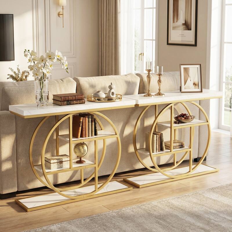 Gymax 4-Tier Console Table w/Storage Shelves Circle Base Accent Behind