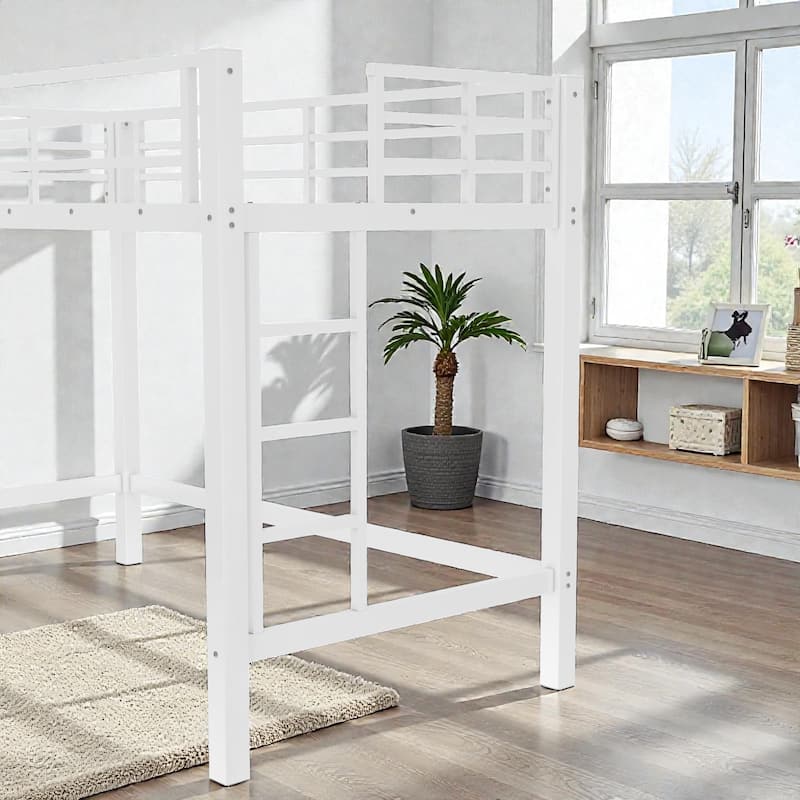 Metal Loft Bed with Dual Ladders and Guardrails, Space Saving Loft Bed for Dorm or Bedroom