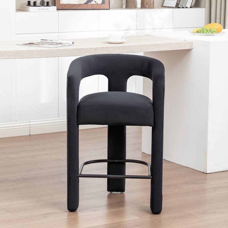 SEYNAR Modern Velvet 34.6''H Fixed Height Open-Back Bar Stool with Metal Footrest - Black