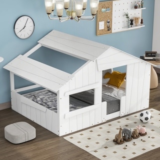 Full Size House Bed for Kids, Wood Playhouse Bed Frame with Roof, Window and Guardrail for Girls & Boys, No Box Spring Needed
