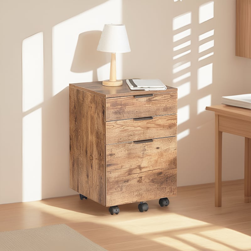 JJS 3 Drawer Rolling Wood File Cabinet with Locking Wheels for A4 or Letter Size