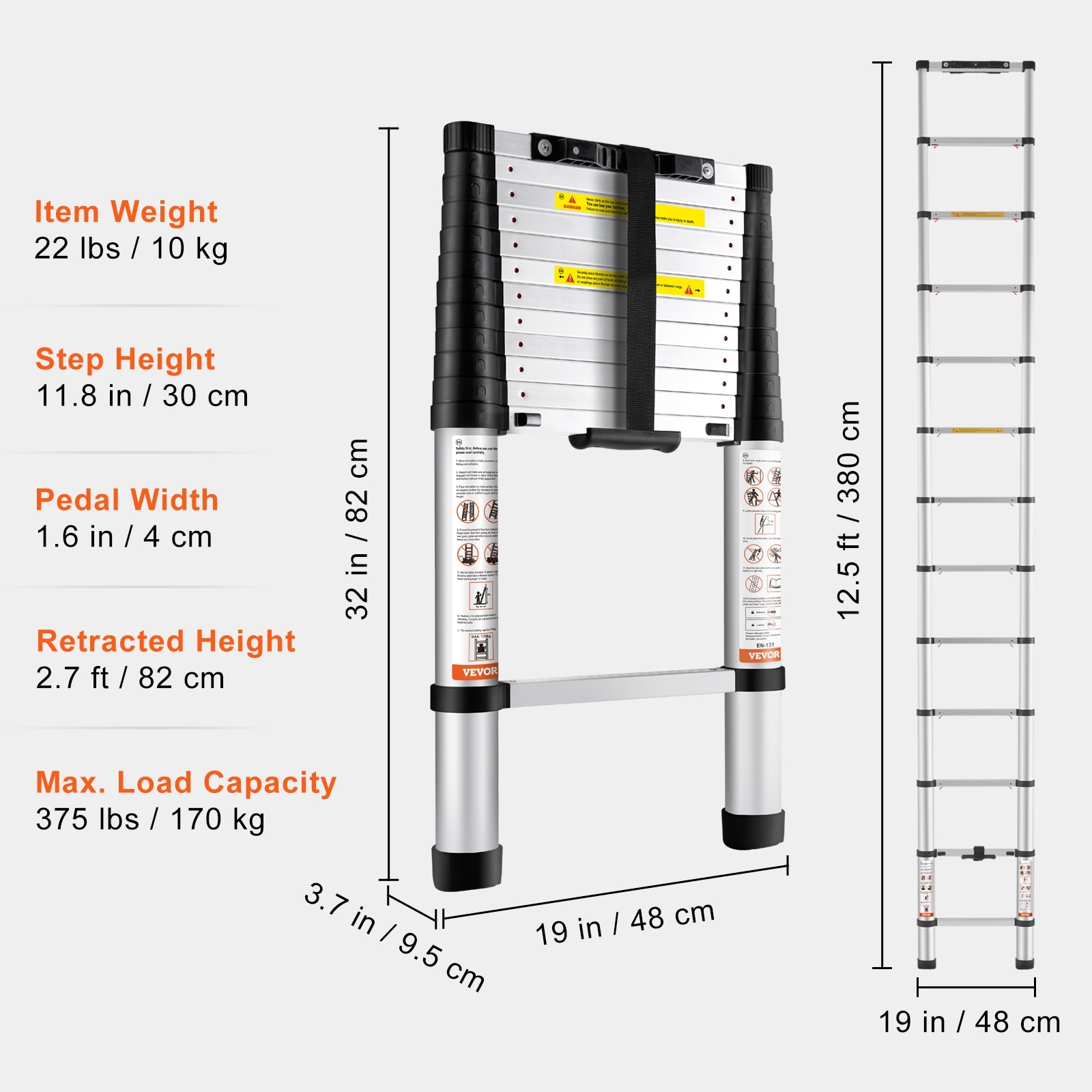 VEVOR Telescoping Ladder 10.5FT 12.5FT 15 FT Aluminum One button