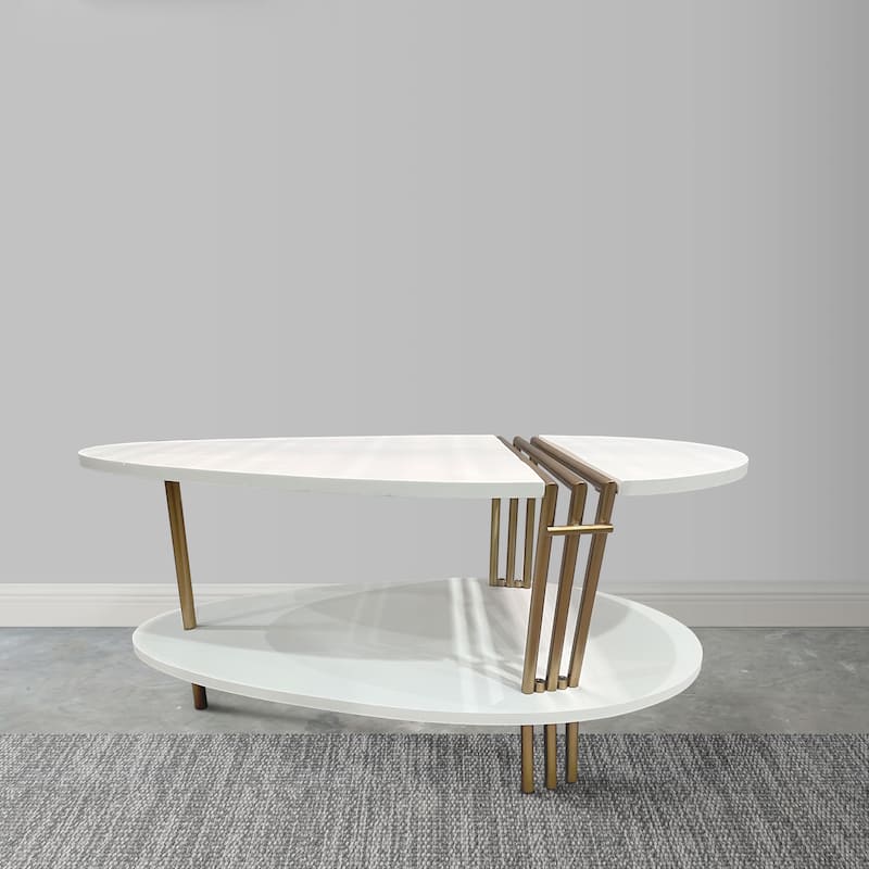 36 Inch Modern Coffee Table, Oval Elliptical Shape, White Mango Wood With Antique Brass
