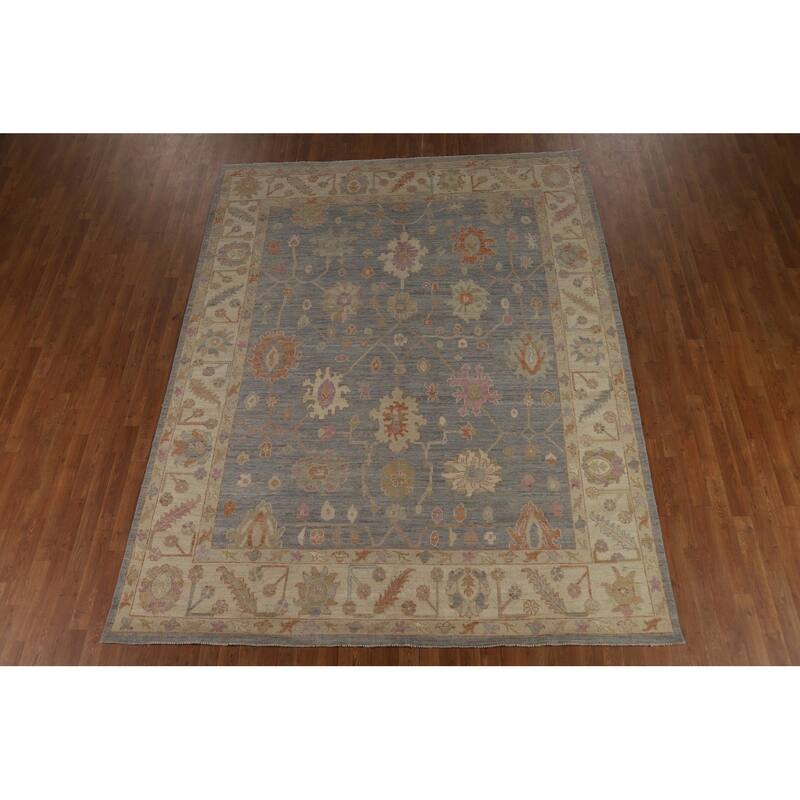 Vegetable Dye Oushak Turkish Area Rug Handmade Blue Floral Wool Carpet - 7'11" x 10'0"