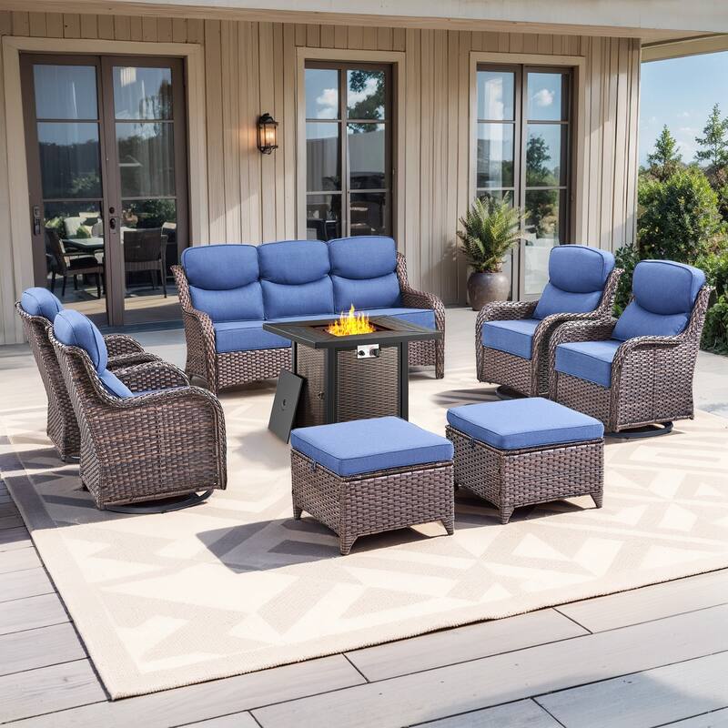 Pocassy 30 Inch Fire Pit Table with Sofa Swivel Chair Set - Blue Cushion Brown Wicker - 8-Piece Sofa Siwvel Chair Ottoman w/ Fire Table