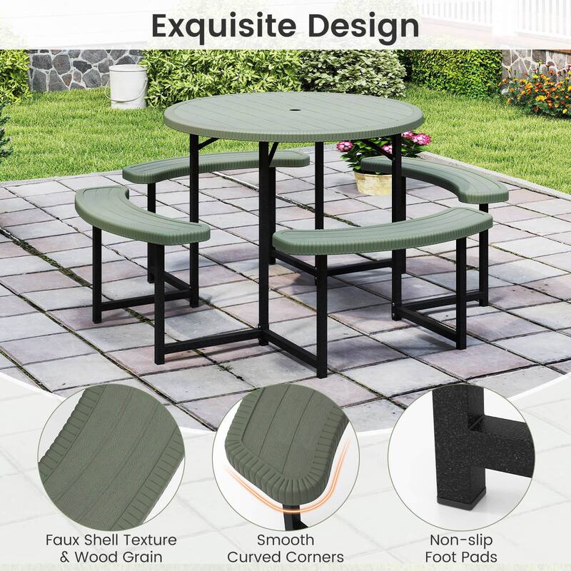 Costway Round Picnic Table Bench Set with 4 Benches Umbrella Hole All - See Details