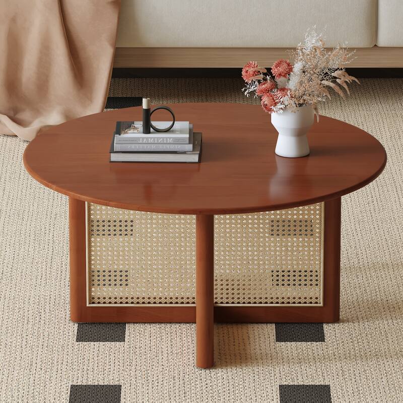 Modern Dark Red Wooden Coffee Table Solid Wood Rattan Coffee Table with Artificial Rattan, for Living Room