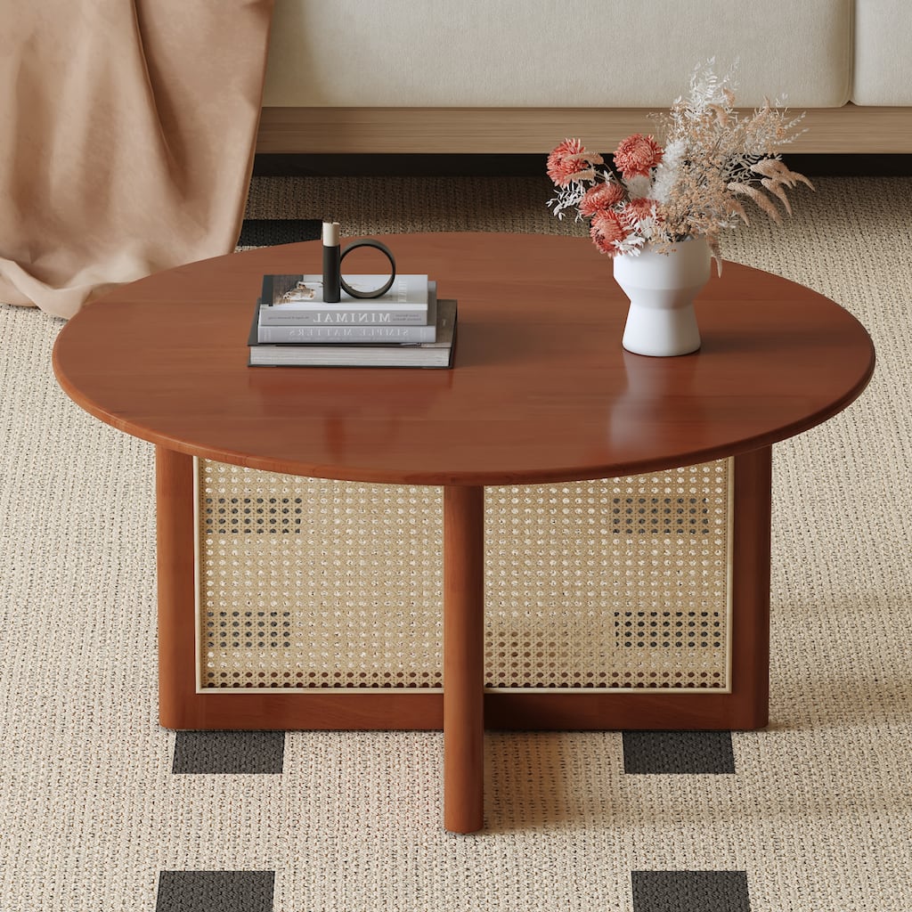 Rattan Coffee Table, Handcrafted-Look Wooden Center Table End Table with Artificial Rattan Decorations