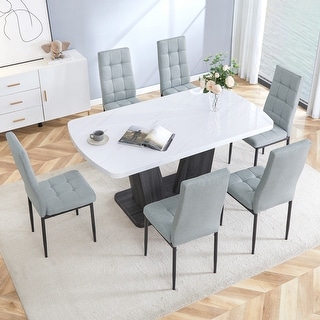 7-Piece Dining Table Set with Faux Marble Top and V-Shaped Legs - Bed ...