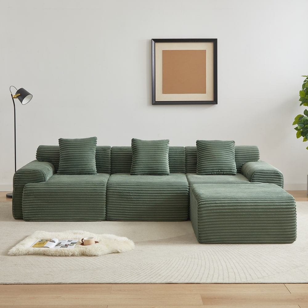 Inlaid Structural Sleeper Sectional Sofa Bed with Ottoman, Corduroy Modular Boneless Couch with Wider Armrests and Backrests