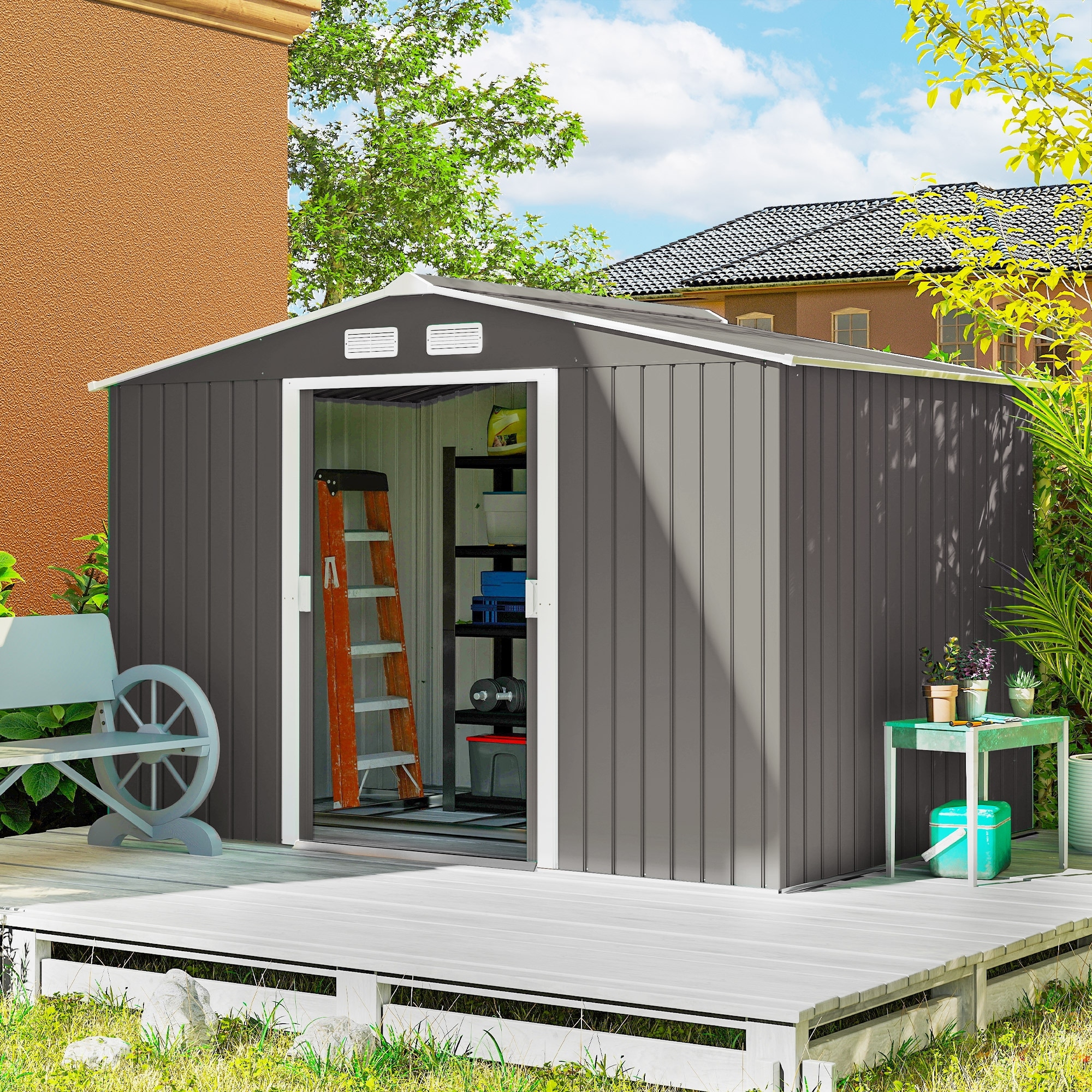 Outsunny 9' x 6' Outdoor Storage Shed, Garden Tool Metal Shed with Foundation Kit, Double Lockable Door