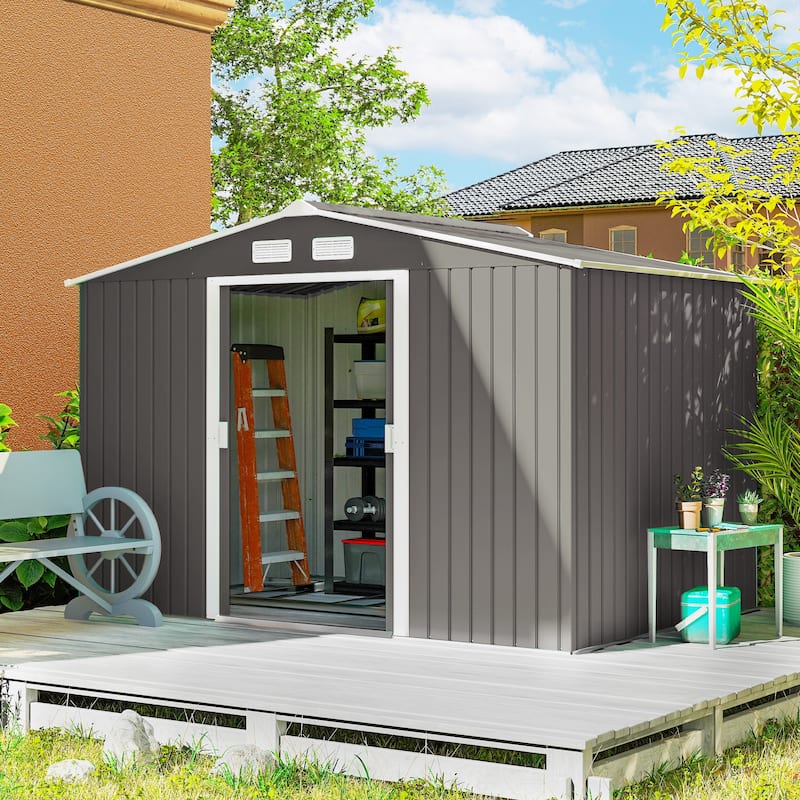 Outsunny 9' x 6' Outdoor Storage Shed, Garden Tool Metal Shed with Foundation Kit, Double Lockable Door - Grey