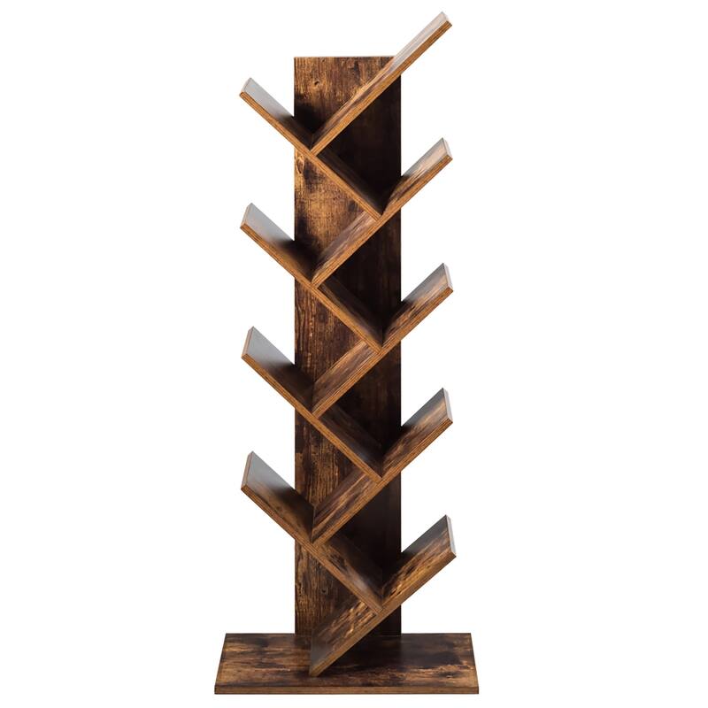 9 Shelf Tree Bookshelf Free Standing Tree Bookcase Display Stand - Coffee