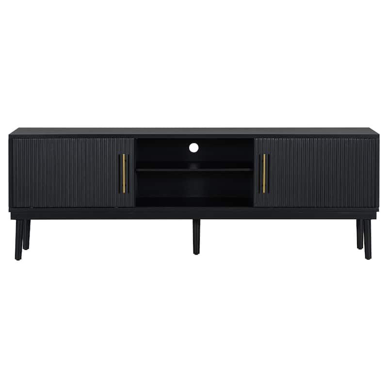 74.90" Wood TV Stand, Sliding Doors Media Cabinet with Gold Metal Handle, Media Console Table with Solid Wood Legs
