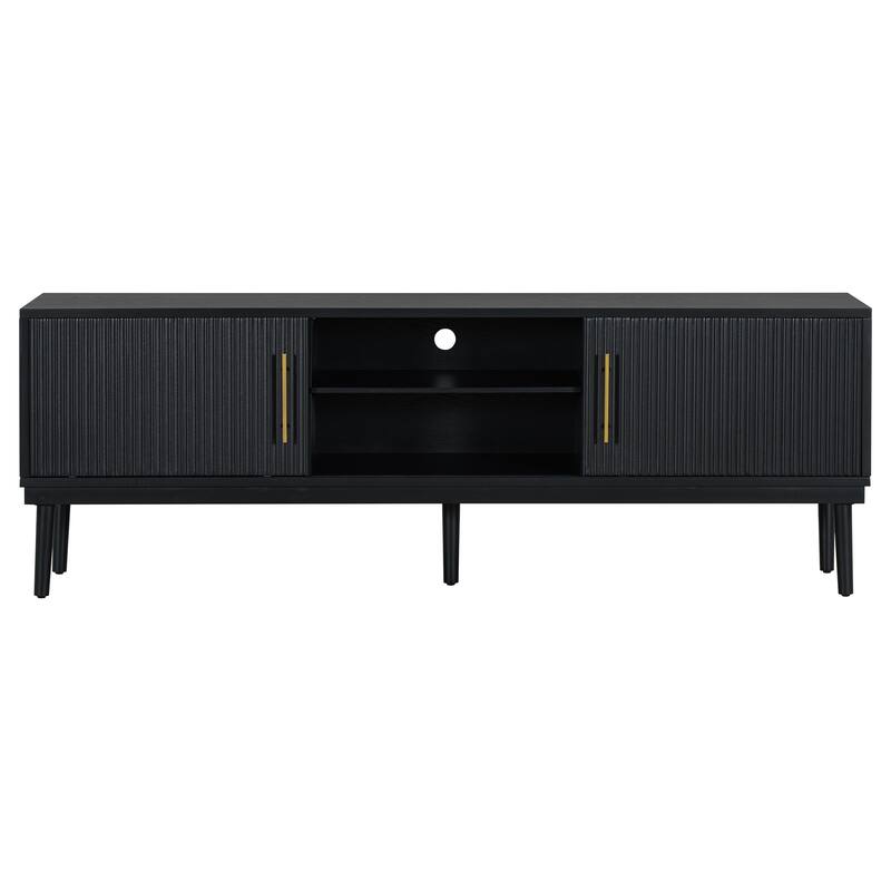 Modern TV Stnad, Stylish Sideboard with Vertical Striped Doors and Sliding Door Design, for Living Rooms, Black - Black