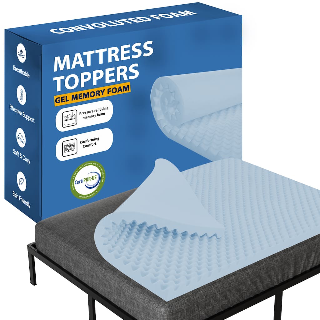 Onetan 1", 2" & 3" Convoluted Gel Infused Memory Foam Mattress Topper with Egg Shell Design - Blue
