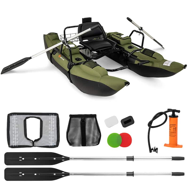 Goplus Inflatable Fishing Float Tube with Foldable Padded Seat, - Green + Black - See Details - Green + Black - See Details