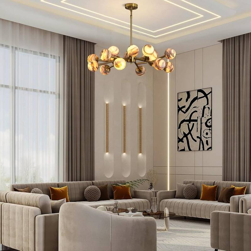 KAYLA Modern Sputnik Alabaster Chandelier, 18 Light Gold & Smoked Alabaster Globe Chandeliers