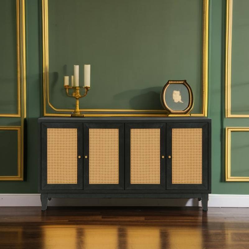 Accent Storage Cabinet, Boho Rattan Sideboard Buffet with 4 Adjustable Shelves, Console Table for Hallway, Living Room, Bedroom
