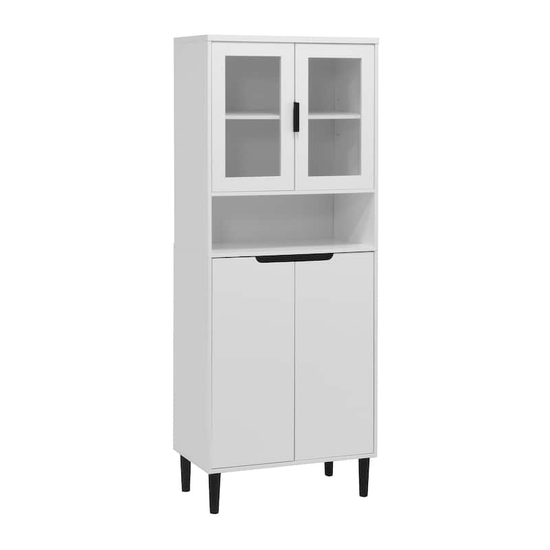 Tall Kitchen Pantry Cabinet with 2 Glass Display Doors & 2 Solid Doors