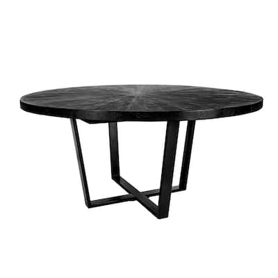 Raj 63 Inch Round Dining Table, Cross Legs Design, Black Acacia Wood, Iron