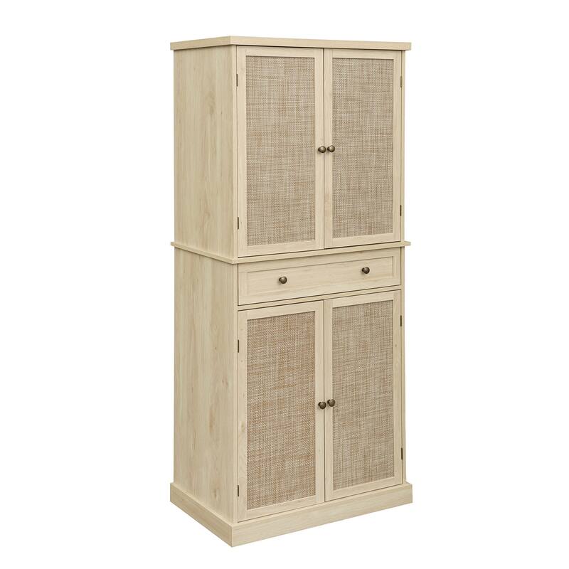 GDFStudio - TallRattan Modern Storage Cabinet with 4 Doors, 1 Drawer, and Adjustable Shelves