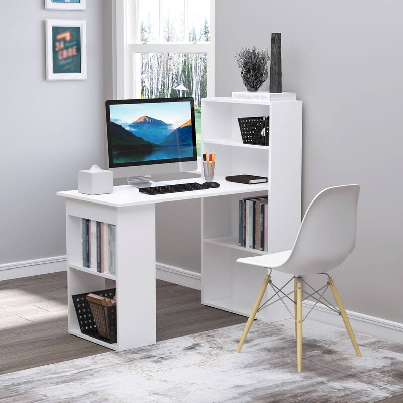 Modern Home Office Desk with 6-Tier Storage Shelves, 47" Writing Table with Bookshelf, White - White