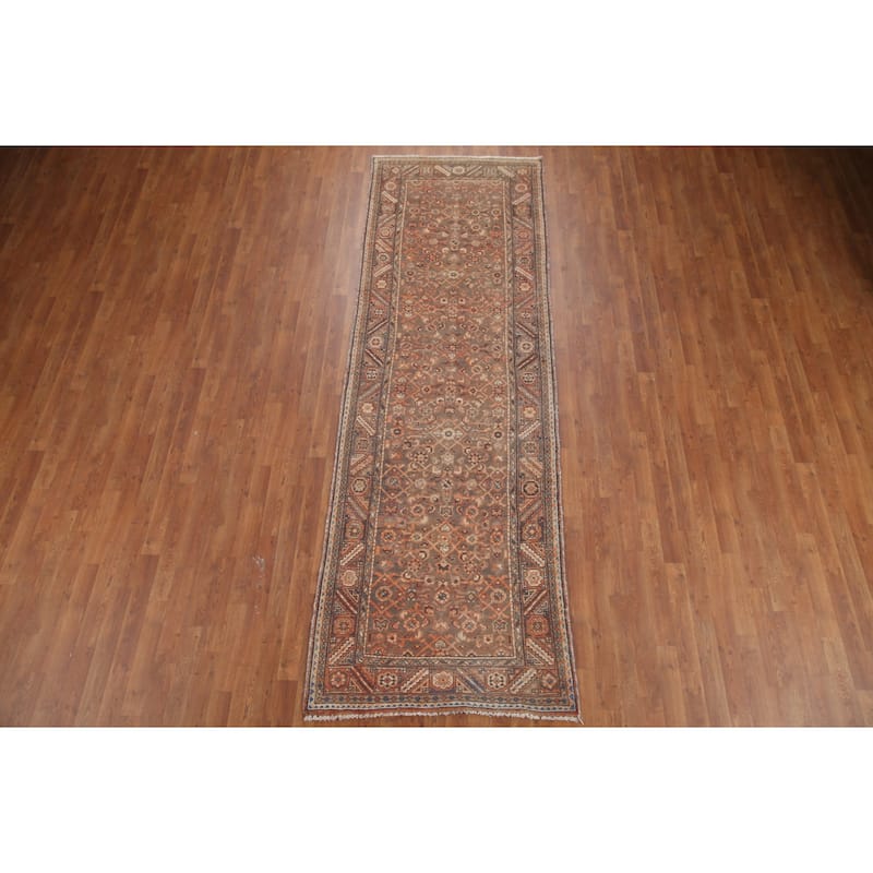 Hand Knotted Oriental 100% Wool Carpet Traditional All-Over Brown Malayer Runner Rug - 10' 8'' X 3' 5''