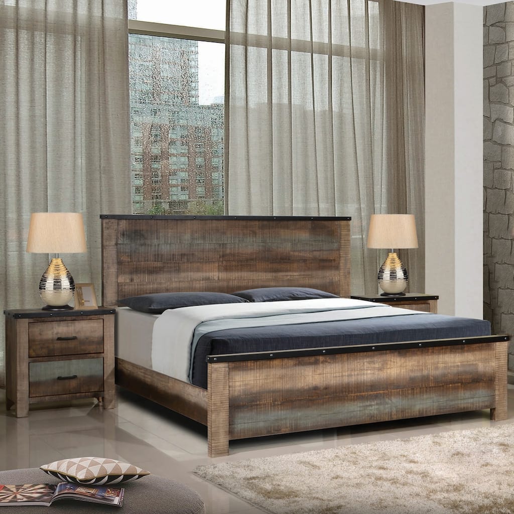 Rustic Reclaimed Design Wood Panel Bed with Nightstand