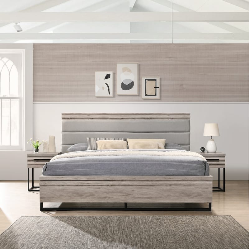 Roundhill Furniture Alvear 3-Piece Upholstered Wood Bedroom Set, Panel Bed and Two Nightstands, Weathered Gray - Queen