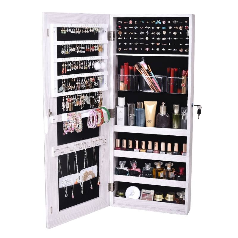 Whole Surface Mirror Wall Hanging Lockable White Jewelry Cabinet